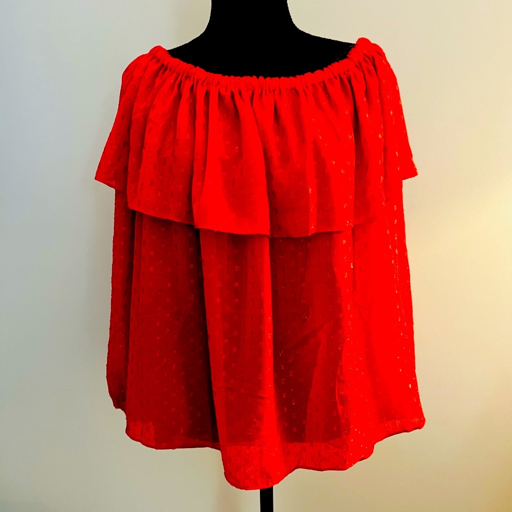 Red Holiday Blouse can be worn off shoulders.